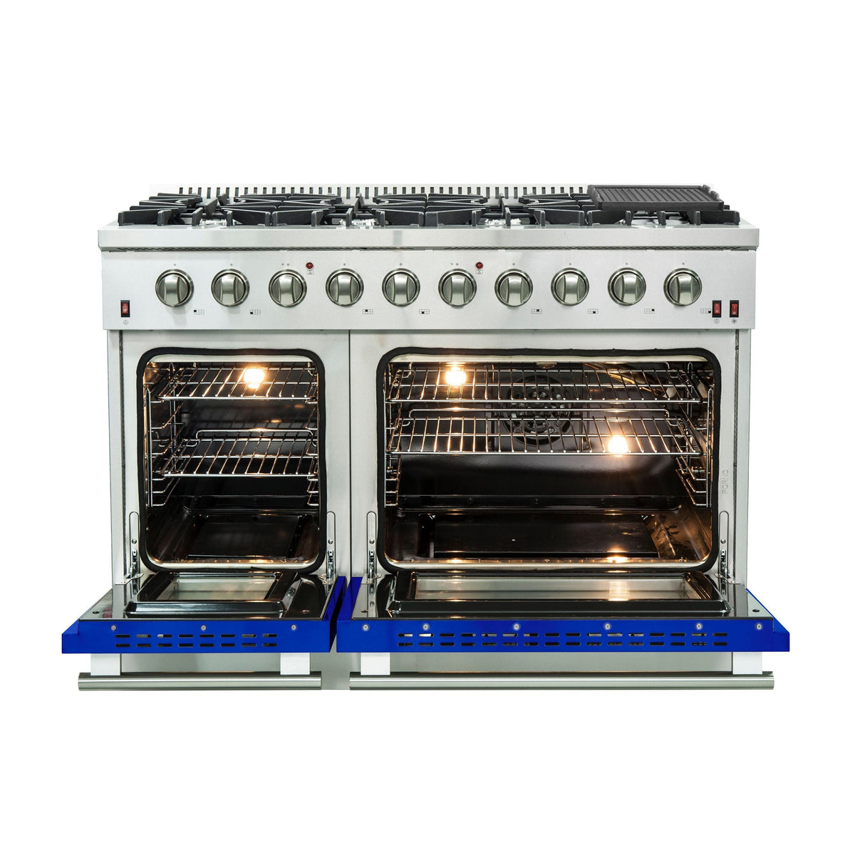 Forno Galiano 48-Inch Freestanding Gas Range, 8 Gas Burners, Convection Oven, Stainless Steel with Blue Door (FFSGS6244-48BLU)