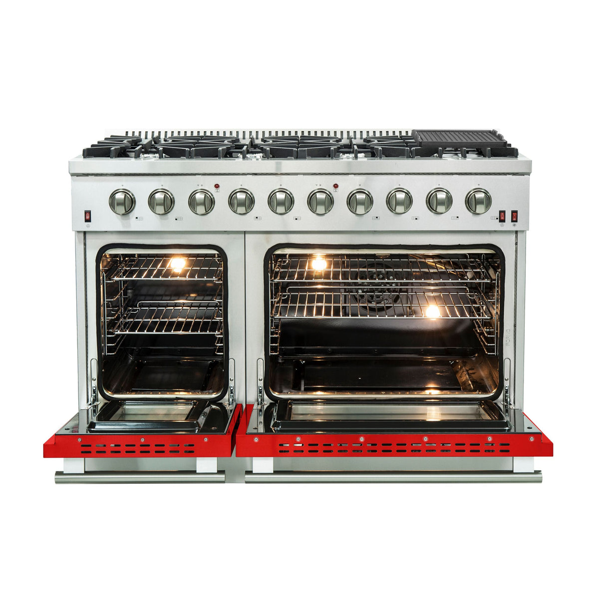 Forno Galiano 48-Inch Freestanding Gas Range, 8 Gas Burners, Convection Oven, Stainless Steel with Red Door (FFSGS6244-48RED)