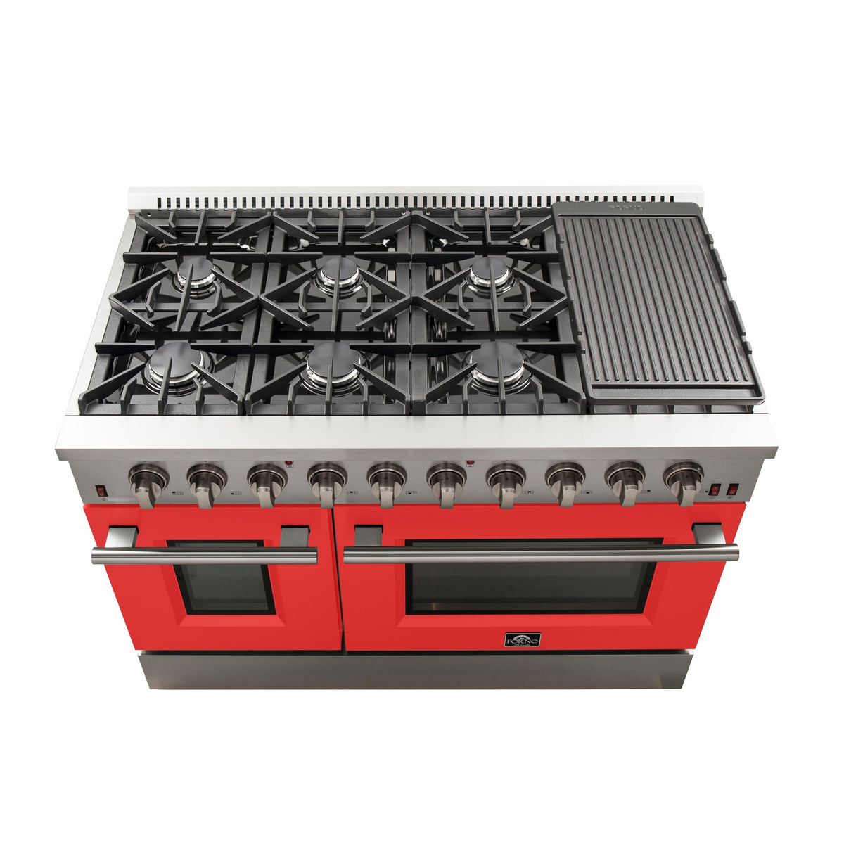 Forno Galiano 48-Inch Freestanding Gas Range, 8 Gas Burners, Convection Oven, Stainless Steel with Red Door (FFSGS6244-48RED)