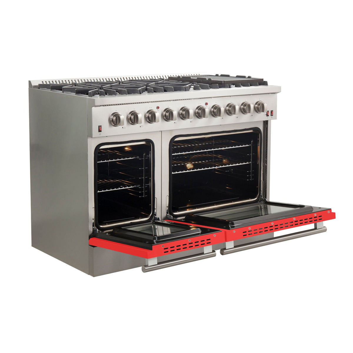 Forno Galiano 48-Inch Freestanding Gas Range, 8 Gas Burners, Convection Oven, Stainless Steel with Red Door (FFSGS6244-48RED)
