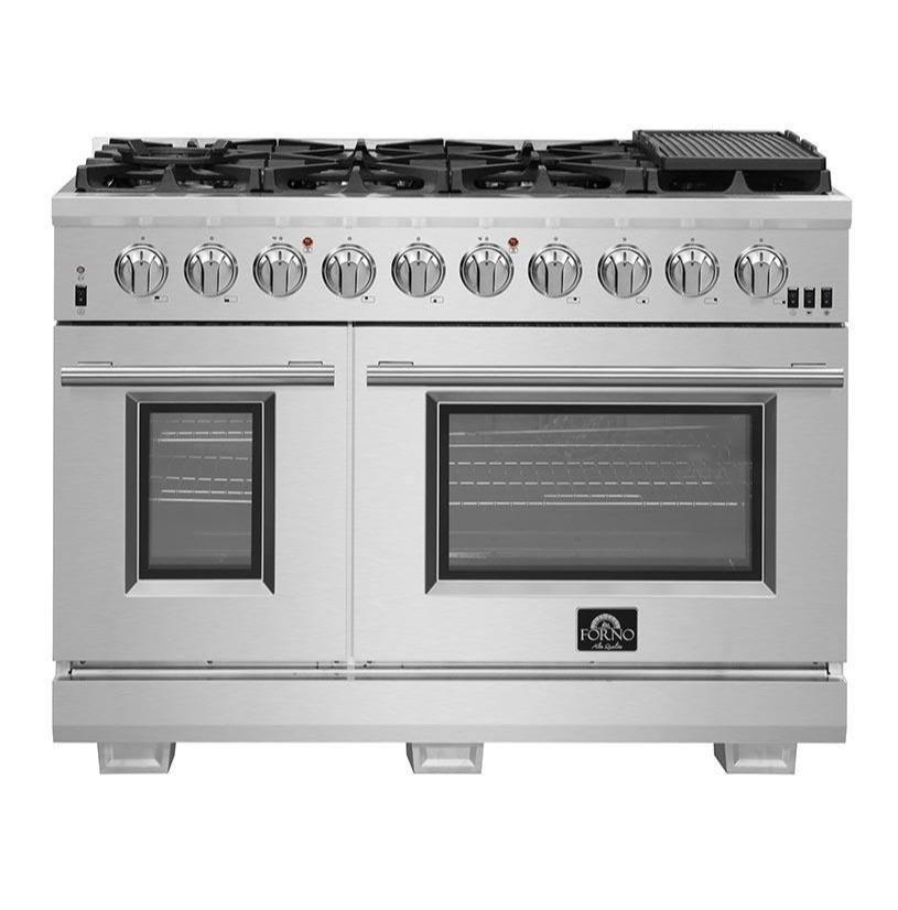 Forno 5-Piece Pro Appliance Package - 48-Inch Gas Range, Refrigerator with Water Dispenser, Wall Mount Hood, 24-Inch Microwave Oven, & 3-Rack Dishwasher in Stainless Steel