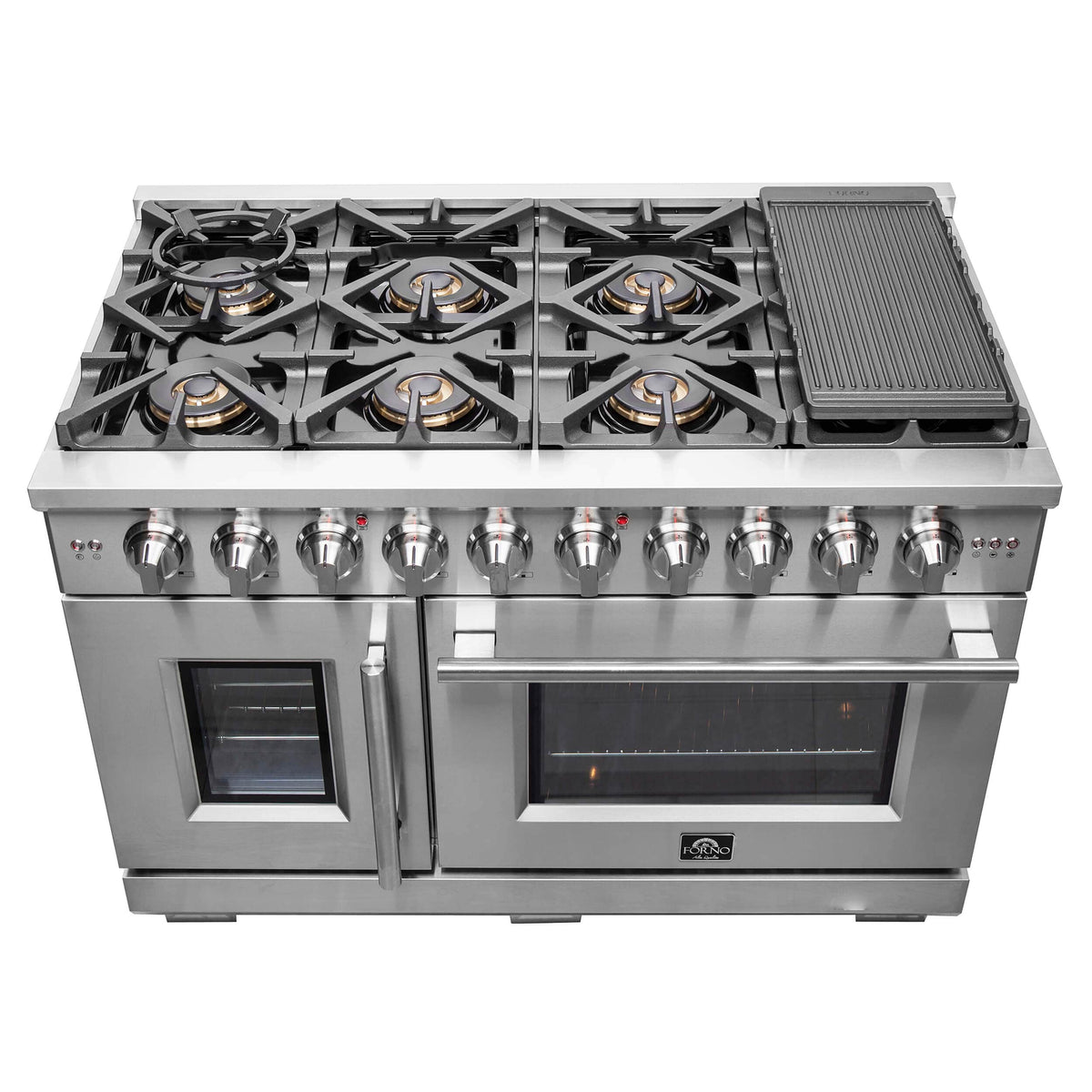 Forno Capriasca 48-Inch Freestanding Gas Range, 8 Burners, 160,000 BTUs, French Door Gas Oven, Stainless Steel (FFSGS6460-48)