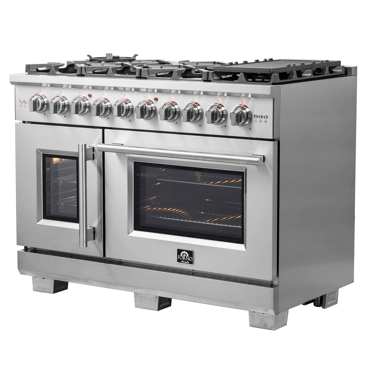 Forno Capriasca 48-Inch Freestanding Gas Range, 8 Burners, 160,000 BTUs, French Door Gas Oven, Stainless Steel (FFSGS6460-48)