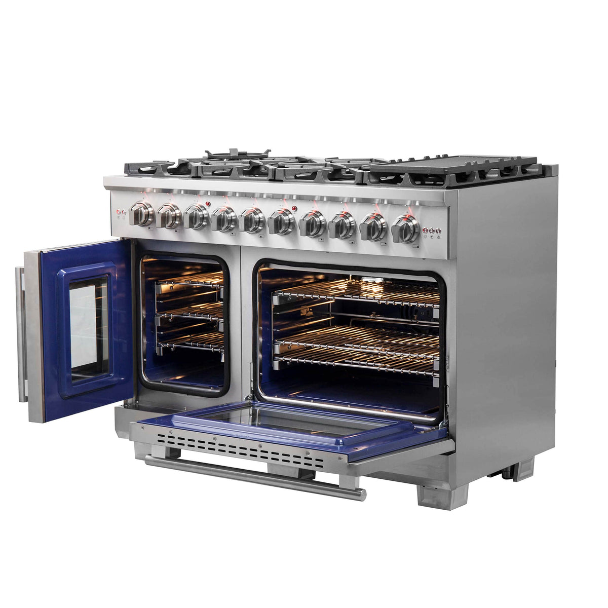 Forno Capriasca 48-Inch Freestanding Gas Range, 8 Burners, 160,000 BTUs, French Door Gas Oven, Stainless Steel (FFSGS6460-48)