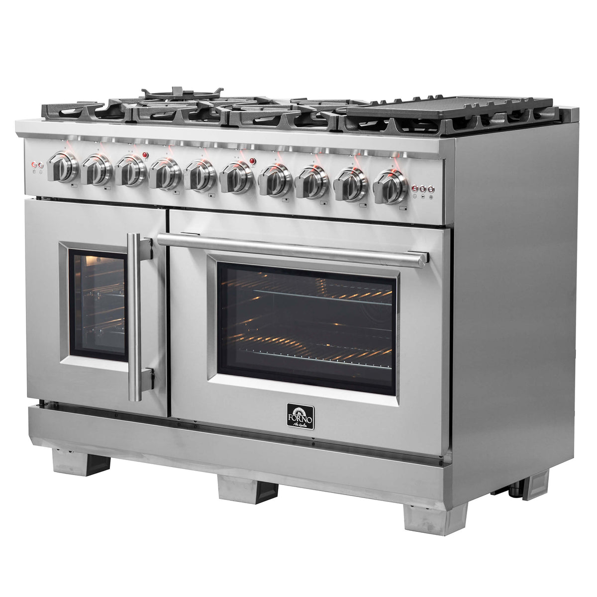 Forno Galiano 48-Inch Freestanding Dual Fuel Range, 8-Burner Gas Cooktop, 6.58 Cu. Ft. Double Ovens, Stainless Steel (FFSGS6356-48)