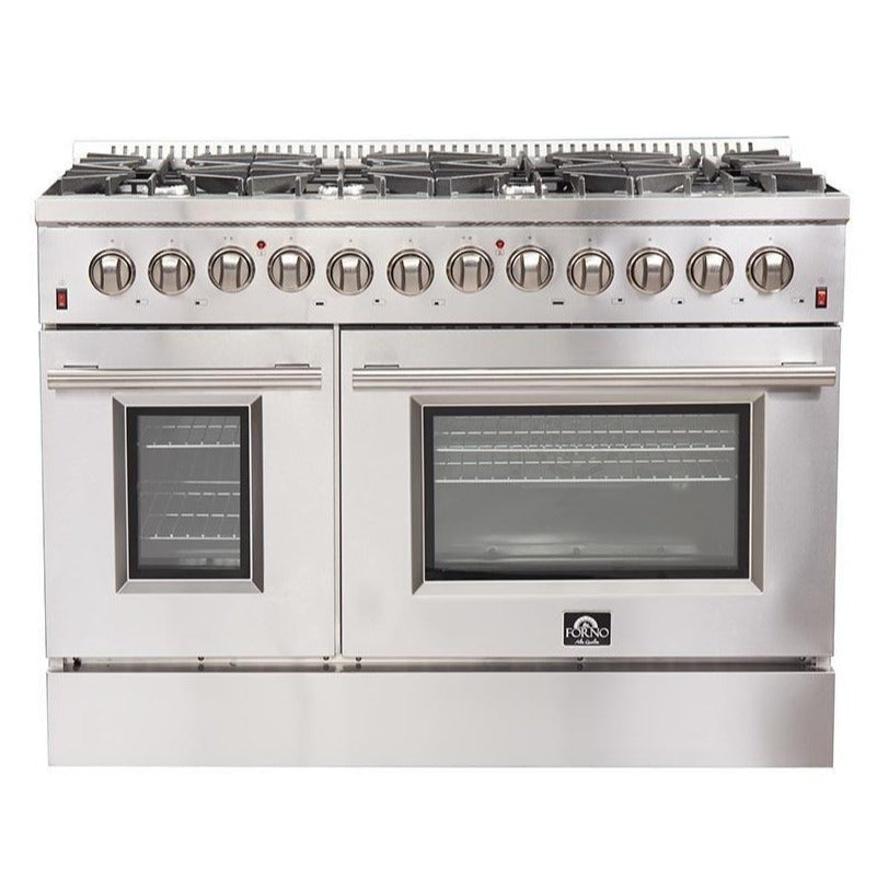 Forno 3-Piece Appliance Package - 48-Inch Dual Fuel Range, Pro-Style Refrigerator, and Dishwasher in Stainless Steel