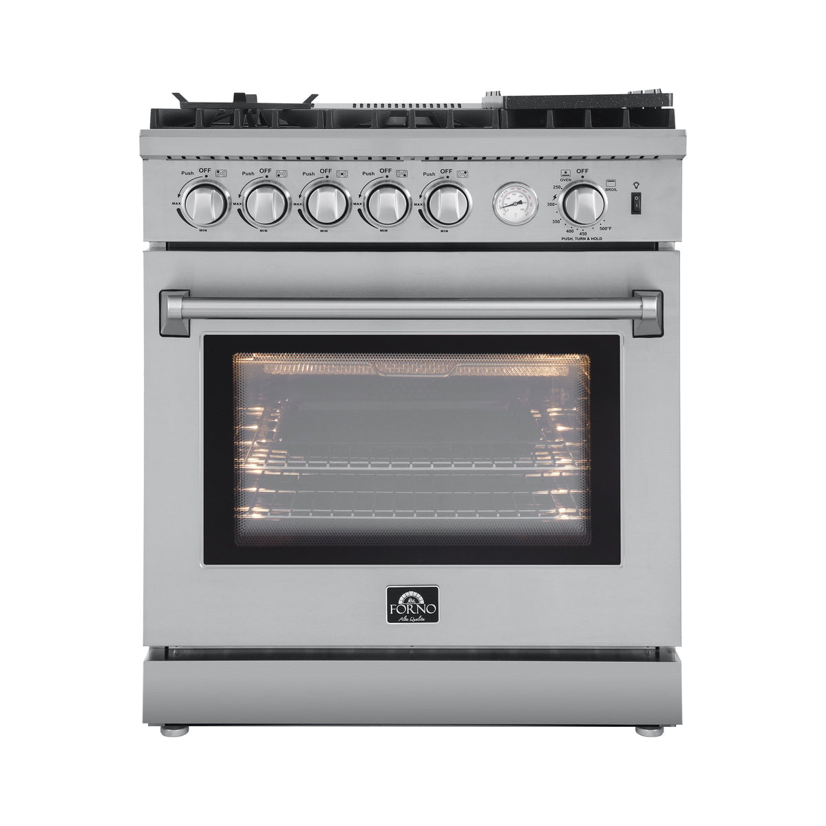 Forno 4-Piece Appliance Package - 30-Inch Gas Range with Air Fryer, Refrigerator, 24-Inch Microwave Drawer, & 3-Rack Dishwasher in Stainless Steel
