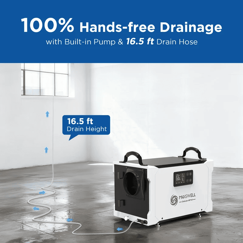Moiswell Defender crawl space dehumidifier MP145 - 16.5 ft pump drain