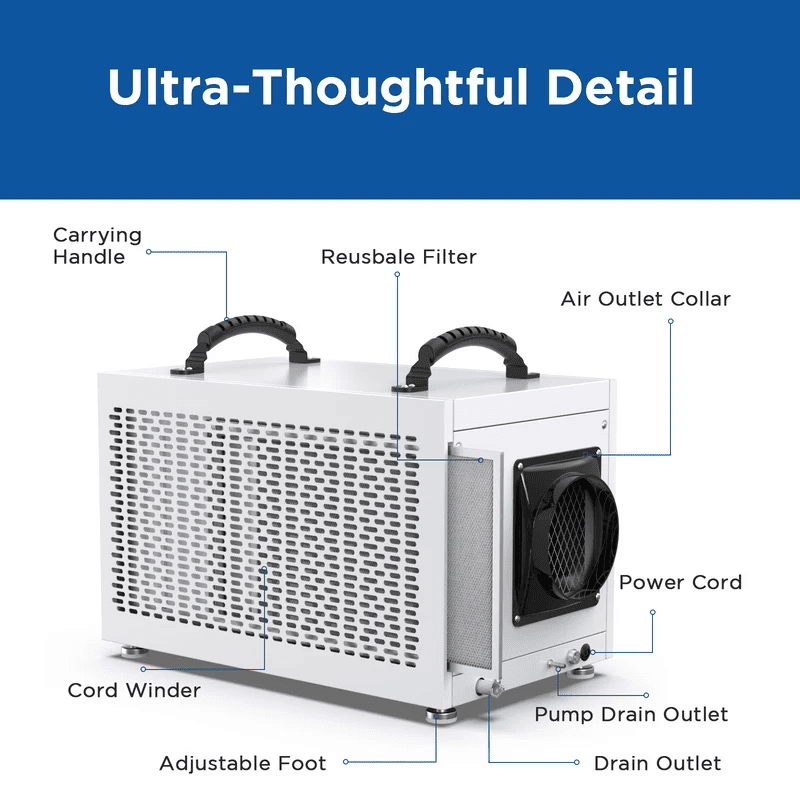Moiswell Defender crawl space dehumidifier MP70 - filter and drain outlets