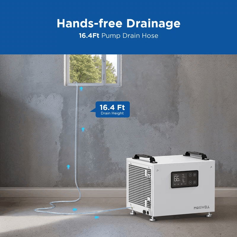 Moiswell Defender commercial basement dehumidifier SP60 - 16.4 ft pump drain