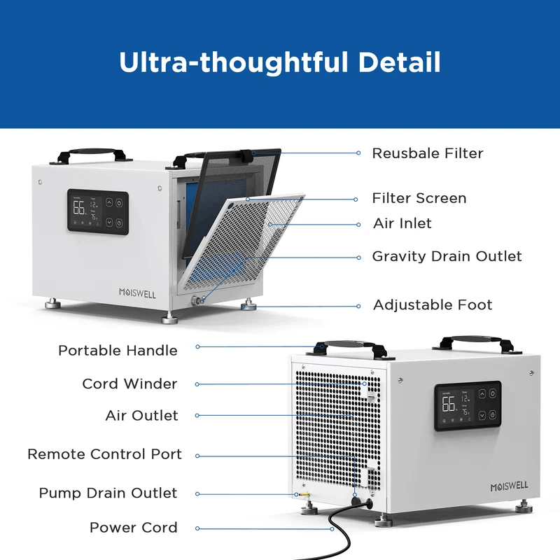 Moiswell Defender commercial basement dehumidifier SP60 - filter and drain outlets