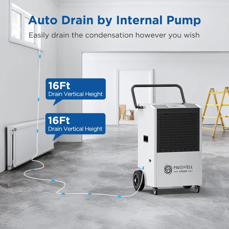 Moiswell Explorer commercial dehumidifier VP240 - 16 ft pump drain