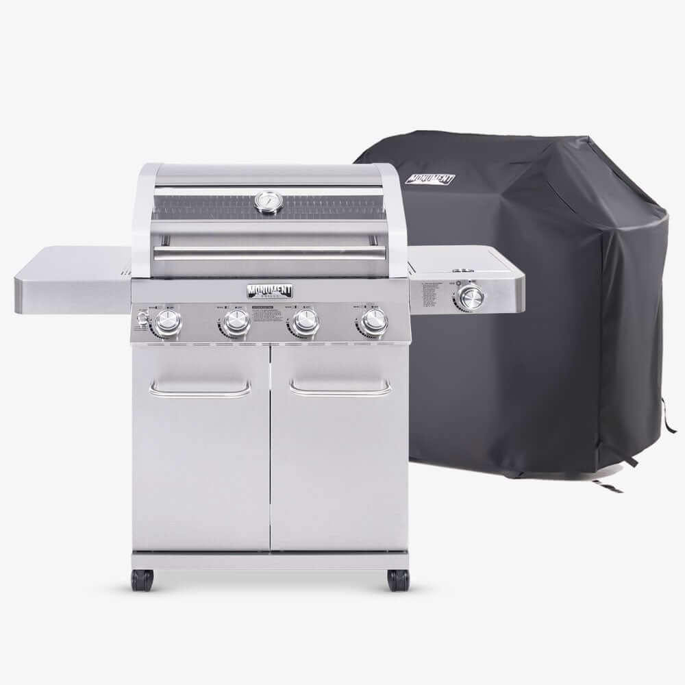 Monument Grills Classic 41847NG stainless steel gas grill shown with grill cover