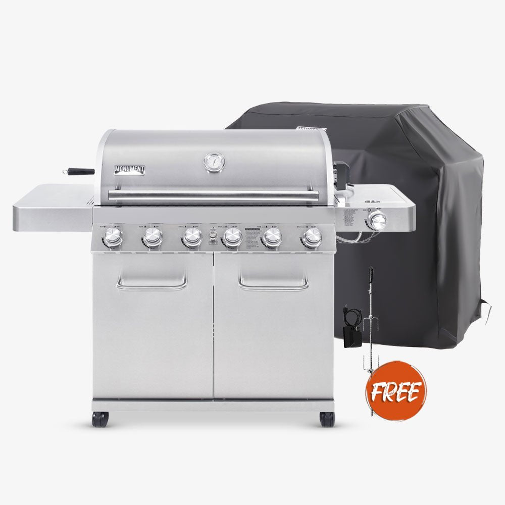 Monument Grills Classic 77352 six burner stainless steel gas grill shown with grill cover