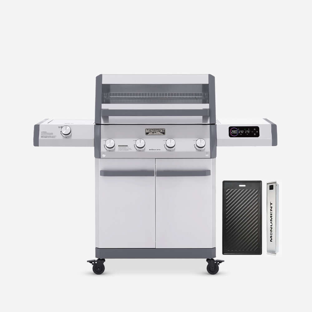 Monument Grills Eminence 405 stainless steel gas grill with cast iron cooking plate and smoker box