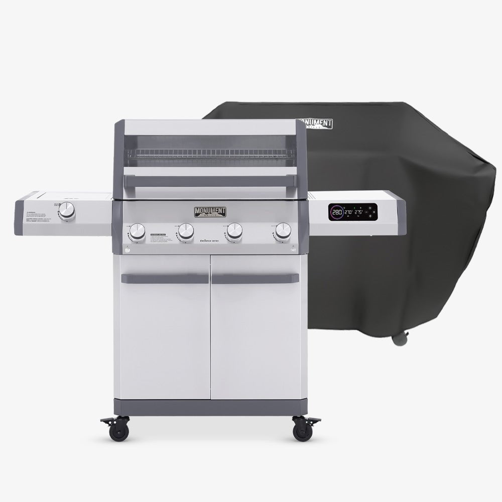 Monument Grills Eminence 405 stainless steel gas grill shown with grill cover