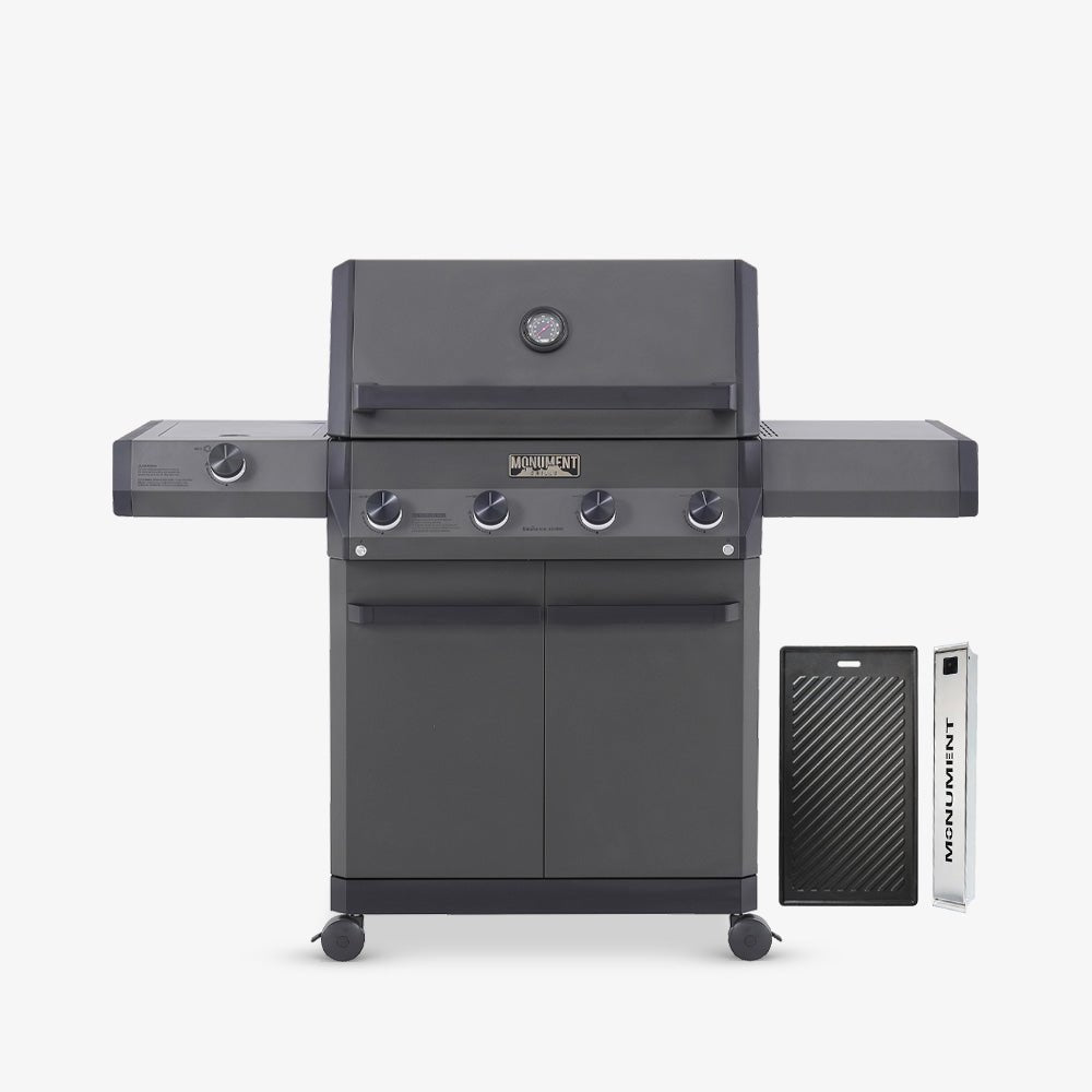Monument Grills Eminence 425 silky matte black gas grill with cast iron cooking plate and smoker box