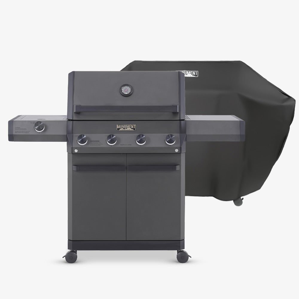 Monument Grills Eminence 425 silky matte black gas grill shown with grill cover