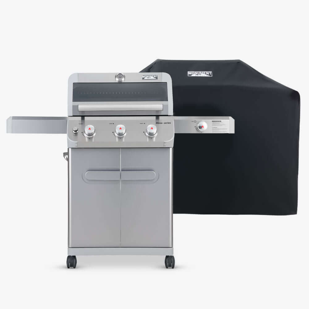 Monument Grills Mesa 305 stainless steel gas grill shown with grill cover