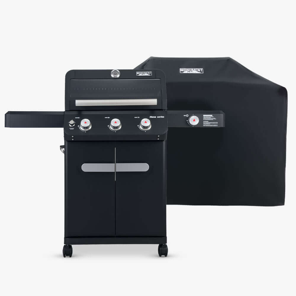 Monument Grills Mesa 325 black propane gas grill shown with grill cover