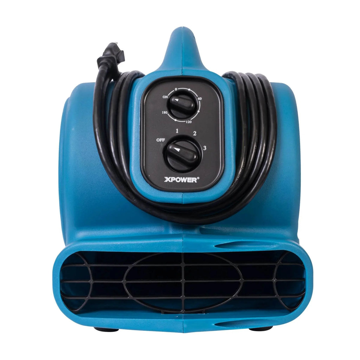 XPOWER compact air mover P-230AT - blue, front view with cord wrap