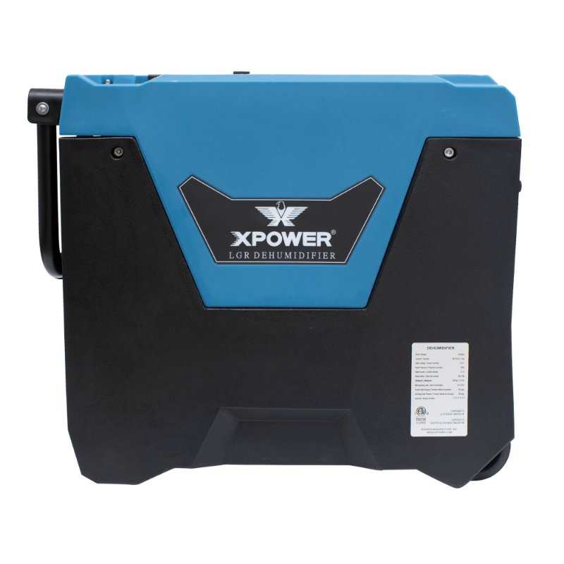 XPOWER LGR commercial dehumidifier XD-85L2 - blue, left side view, handle folded down
