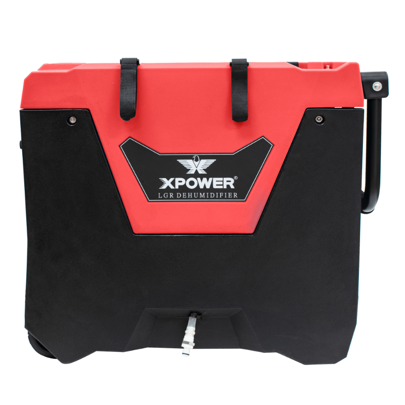 XPOWER LGR commercial dehumidifier XD-85L2 - red, right side view, handle folded down