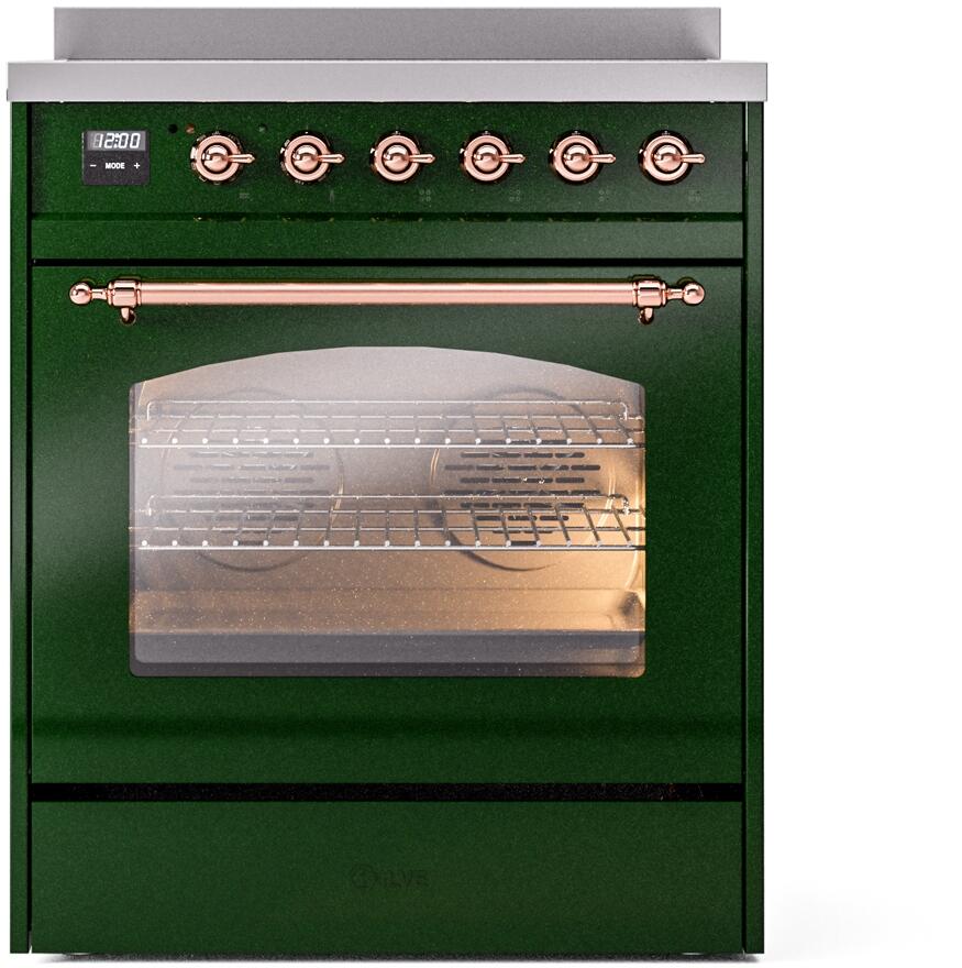ILVE Nostalgie II 30-Inch Electric Induction Range, Freestanding, Emerald Green with Copper Trim (UPI304NMPEGP)