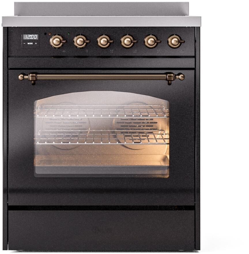 ILVE Nostalgie II 30-Inch Electric Induction Range, Freestanding, Glossy Black with Burnished Bronze Trim (UPI304NMPBKB)