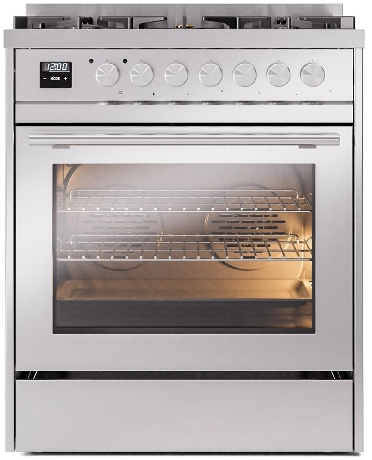 ILVE Professional Plus II 30-Inch Freestanding Natural Gas Dual Fuel Range, 5 Sealed Burners, Stainless Steel (UP30WMPSS)