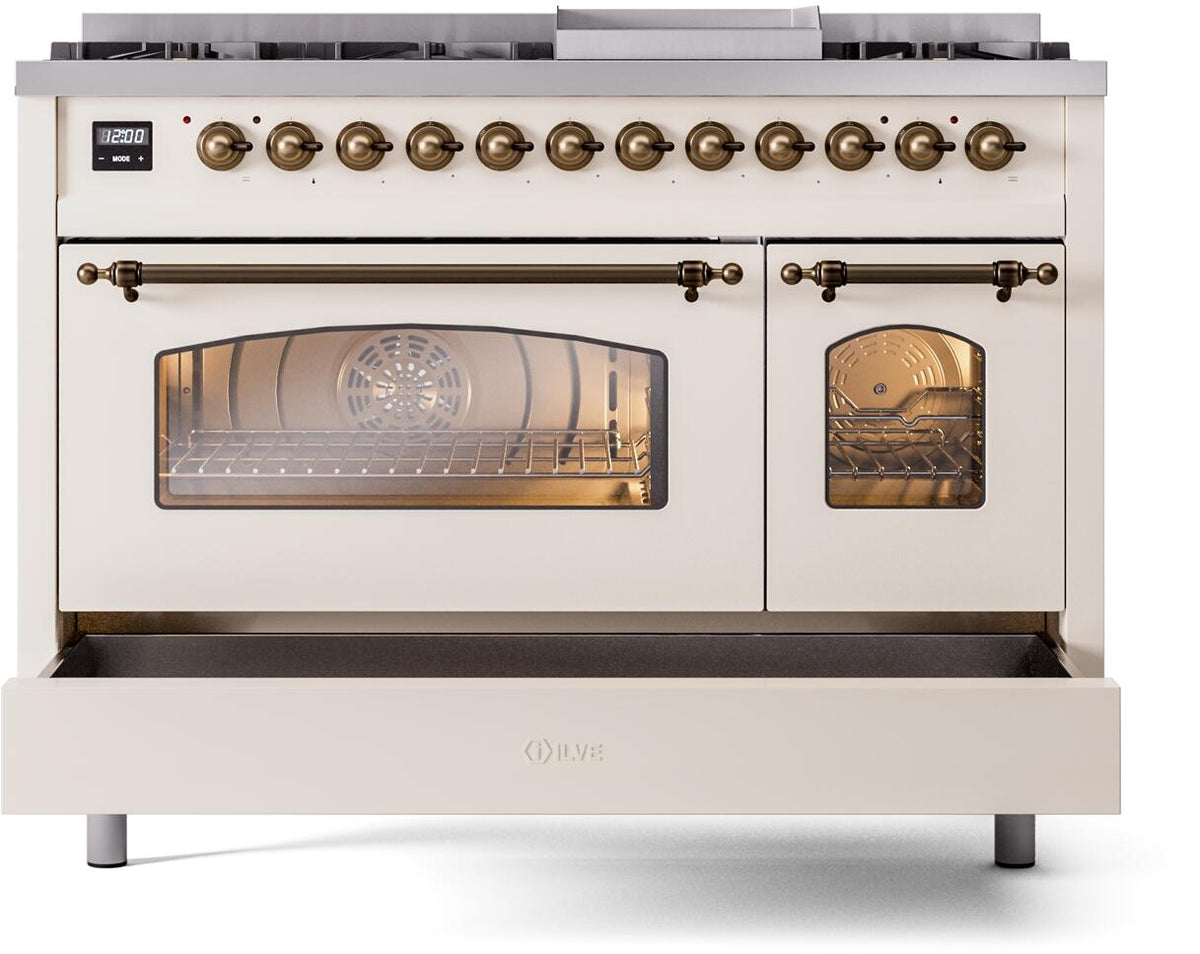 ILVE Nostalgie II 48-Inch Dual Fuel Freestanding Range in Antique White with Burnished Bronze Trim (UP48FNMPAWBLP)