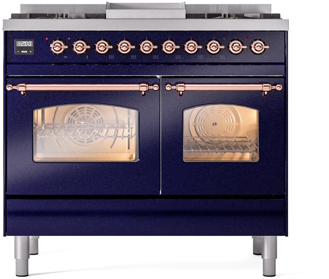 ILVE Nostalgie II 40-Inch Dual Fuel Freestanding Range in Midnight Blue with Copper Trim (UPD40FNMPMBPLP)