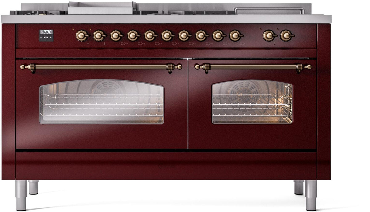 ILVE Nostalgie II 60-Inch Propane Dual Fuel Range, 7 Burners, Griddle, French Top, Burgundy with Burnished Bronze Trim (UP60FSNMPBUBLP)