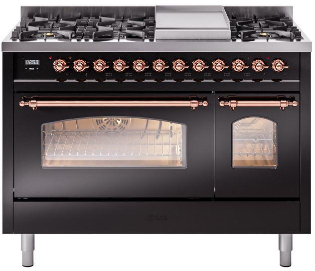 ILVE Nostalgie II 48-Inch Dual Fuel Freestanding Range in Glossy Black with Copper Trim (UP48FNMPBKPLP)
