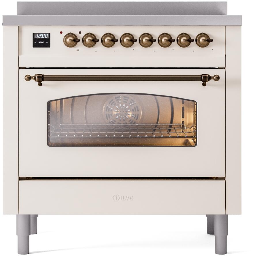 ILVE Nostalgie II 36-Inch Freestanding Electric Induction Range, Antique White with Burnished Bronze Trim (UPI366NMPAWB)