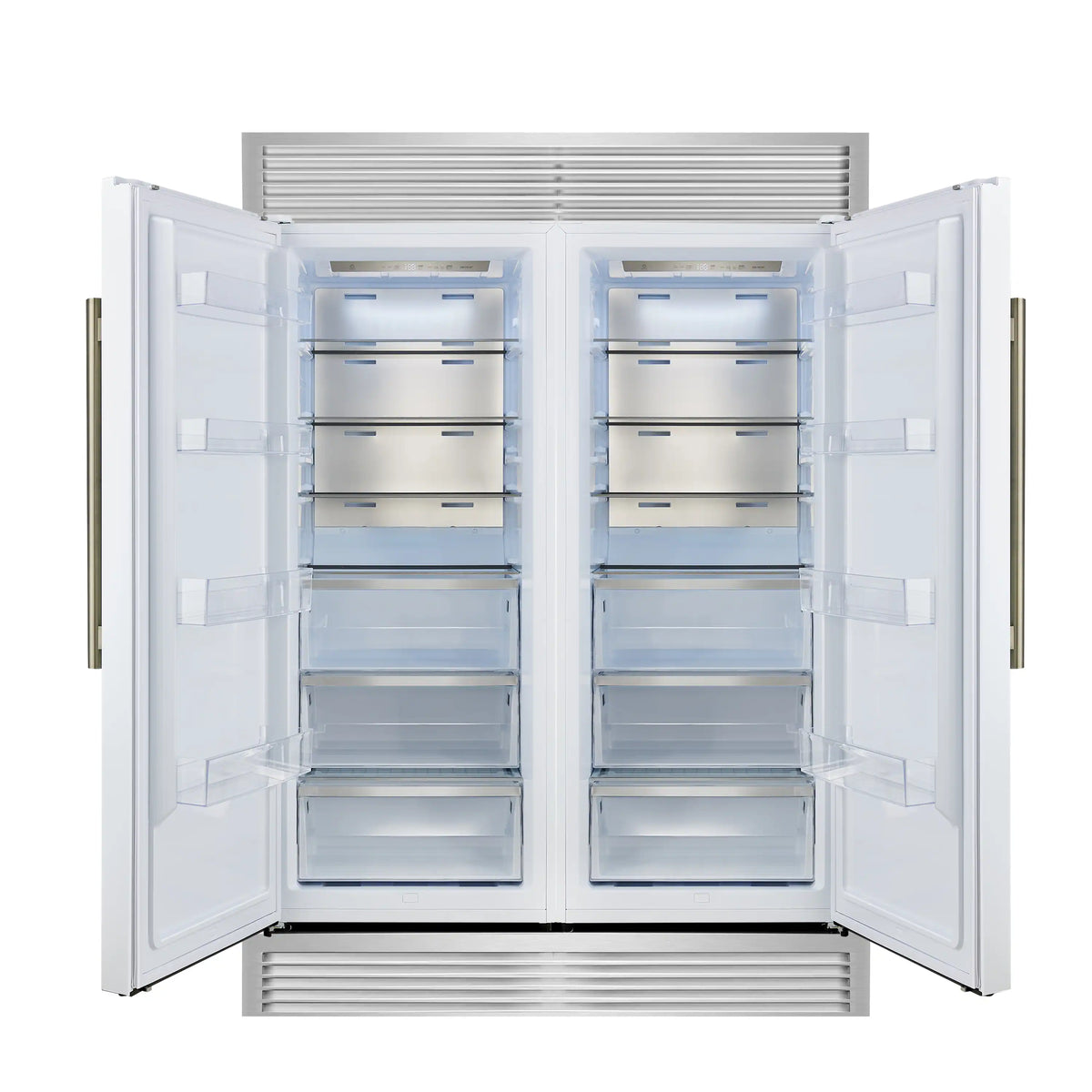 Forno 4-Piece Appliance Package - 48-Inch Galiano Gas Range, 60-Inch Refrigerator, Dishwasher, & 24-Inch Microwave Drawer in White with Antique Brass Trim