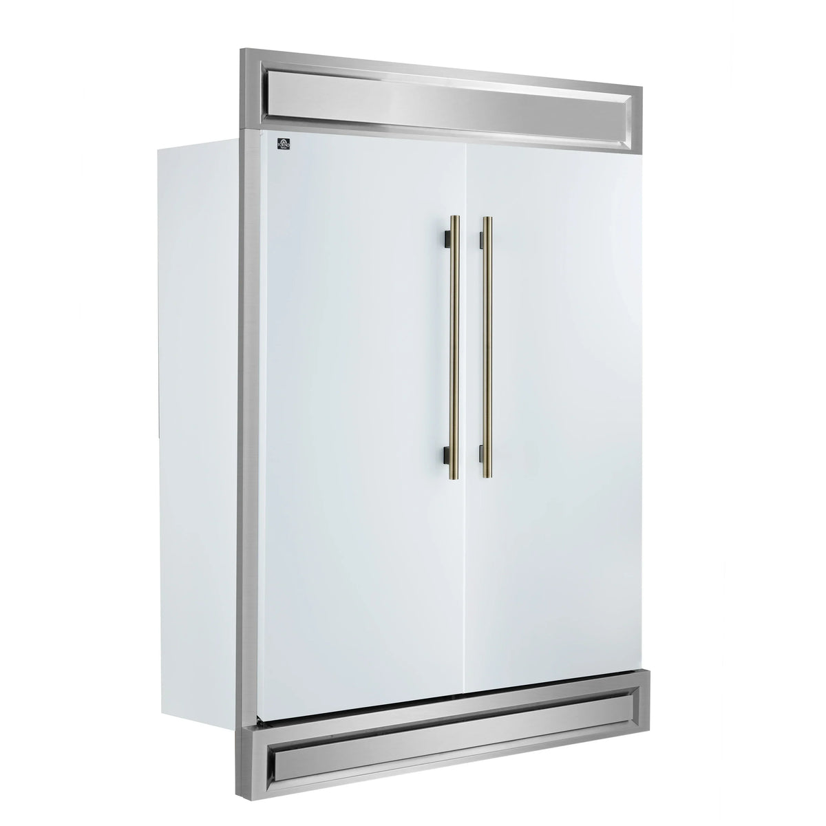 Forno 4-Piece Appliance Package - 36-Inch Gas Range, Wall Mount Range Hood, 60-Inch Refrigerator, Dishwasher in White with Antique Brass Trim