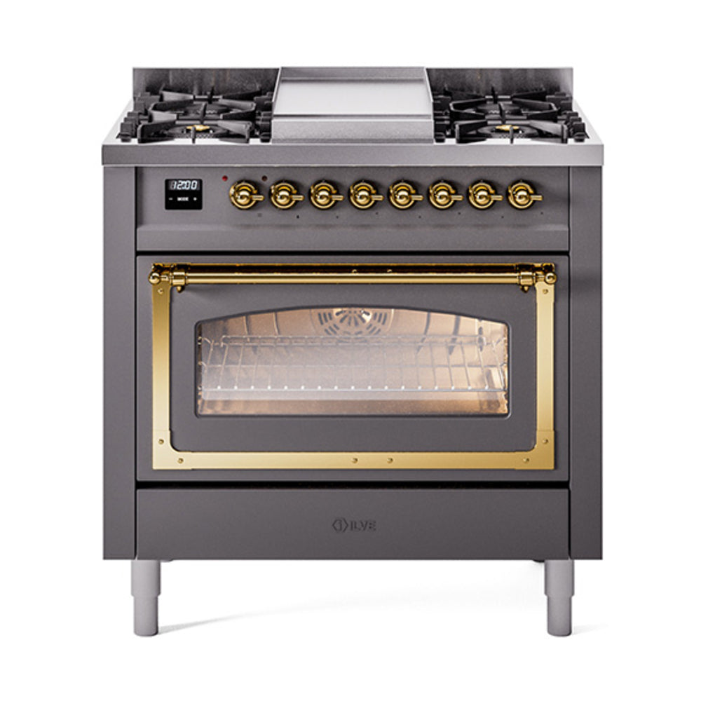 ILVE Nostalgie II Noblesse 36-Inch Natural Gas Dual Fuel Range and Triple Glass Door in Matte Graphite with Brass Trim (UN36FNMPMGG)