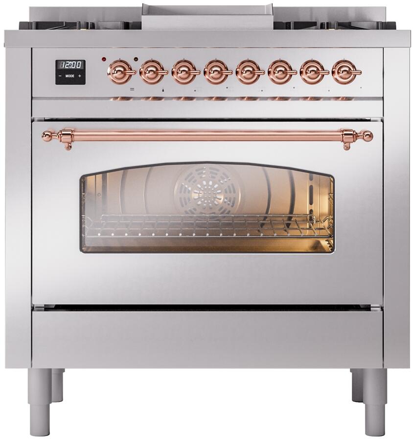 ILVE Nostalgie II 36-Inch Freestanding Natural Gas Dual Fuel Range, Stainless Steel with Copper Trim (UP36FNMPSSP)