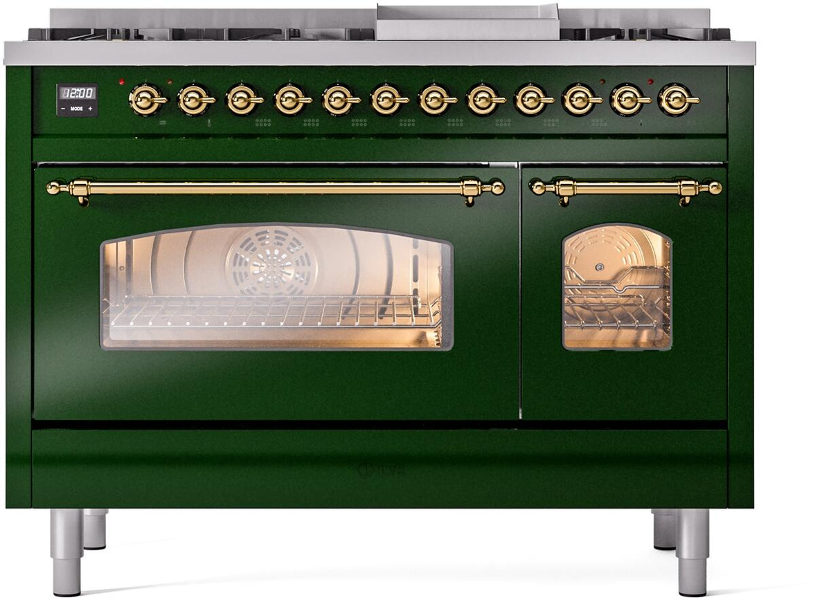 ILVE Nostalgie II 48-Inch Freestanding Natural Gas Dual Fuel Range, Emerald Green with Brass Trim (UP48FNMPEGG)