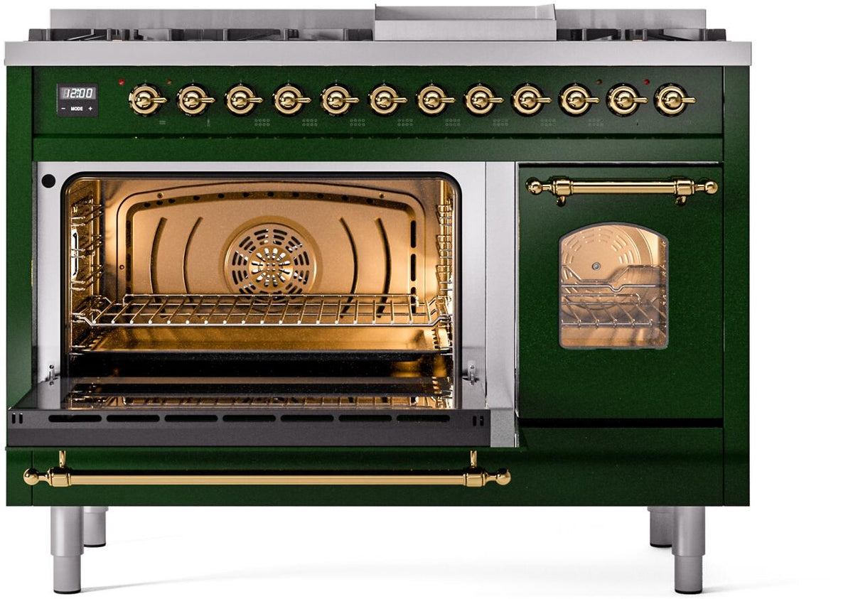 ILVE Nostalgie II 48-Inch Dual Fuel Freestanding Range in Emerald Green with Brass Trim (UP48FNMPEGGLP)