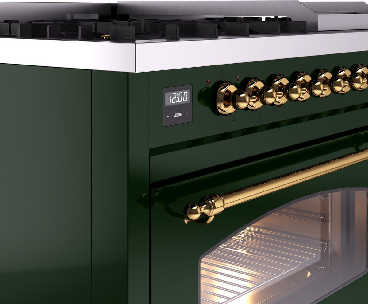 ILVE Nostalgie II 48-Inch Dual Fuel Freestanding Range in Emerald Green with Brass Trim (UP48FNMPEGGLP)