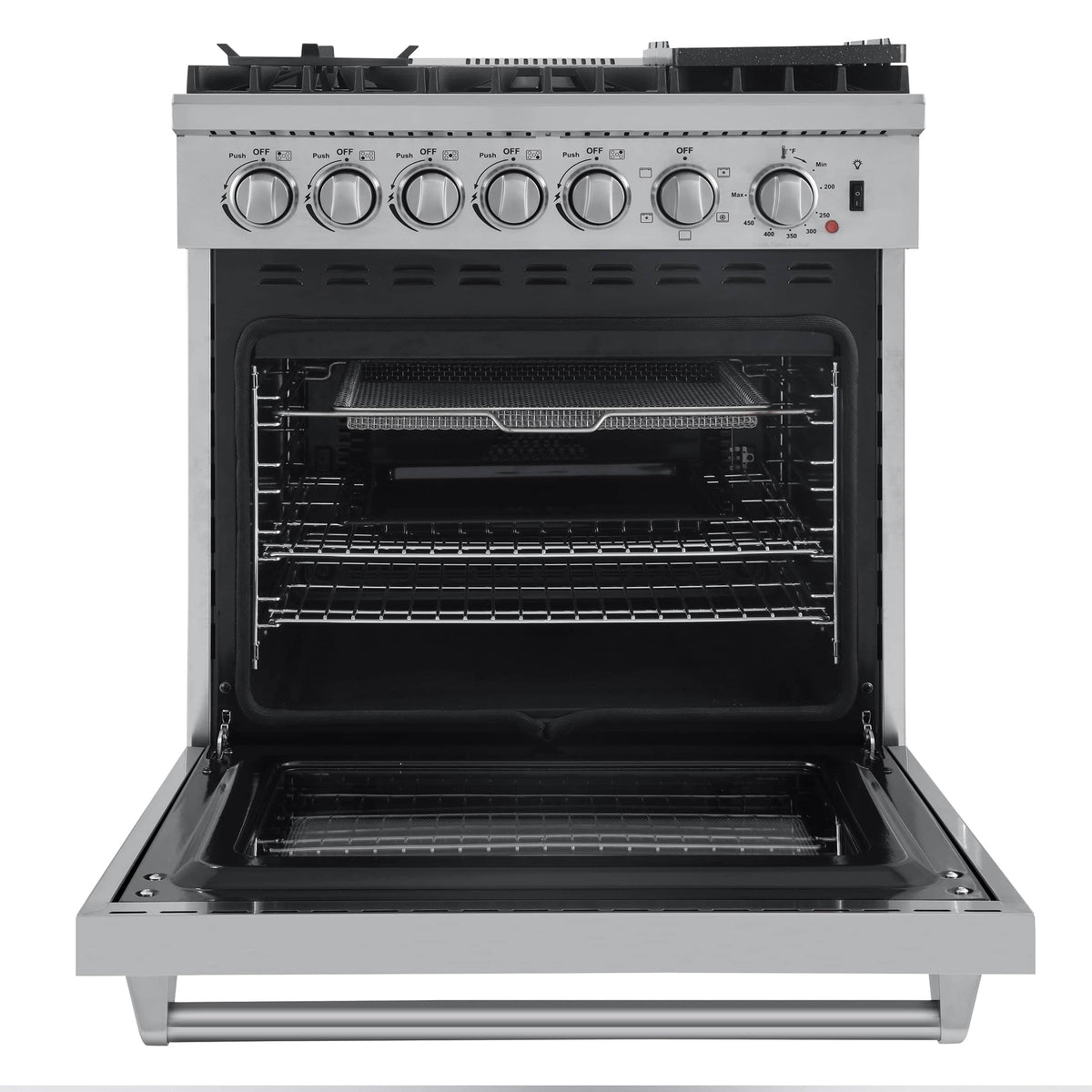 Forno 4-Piece Appliance Package - 30-Inch Dual Fuel Range with Air Fryer, Refrigerator, 24-Inch Microwave Oven, & 3-Rack Dishwasher in Stainless Steel