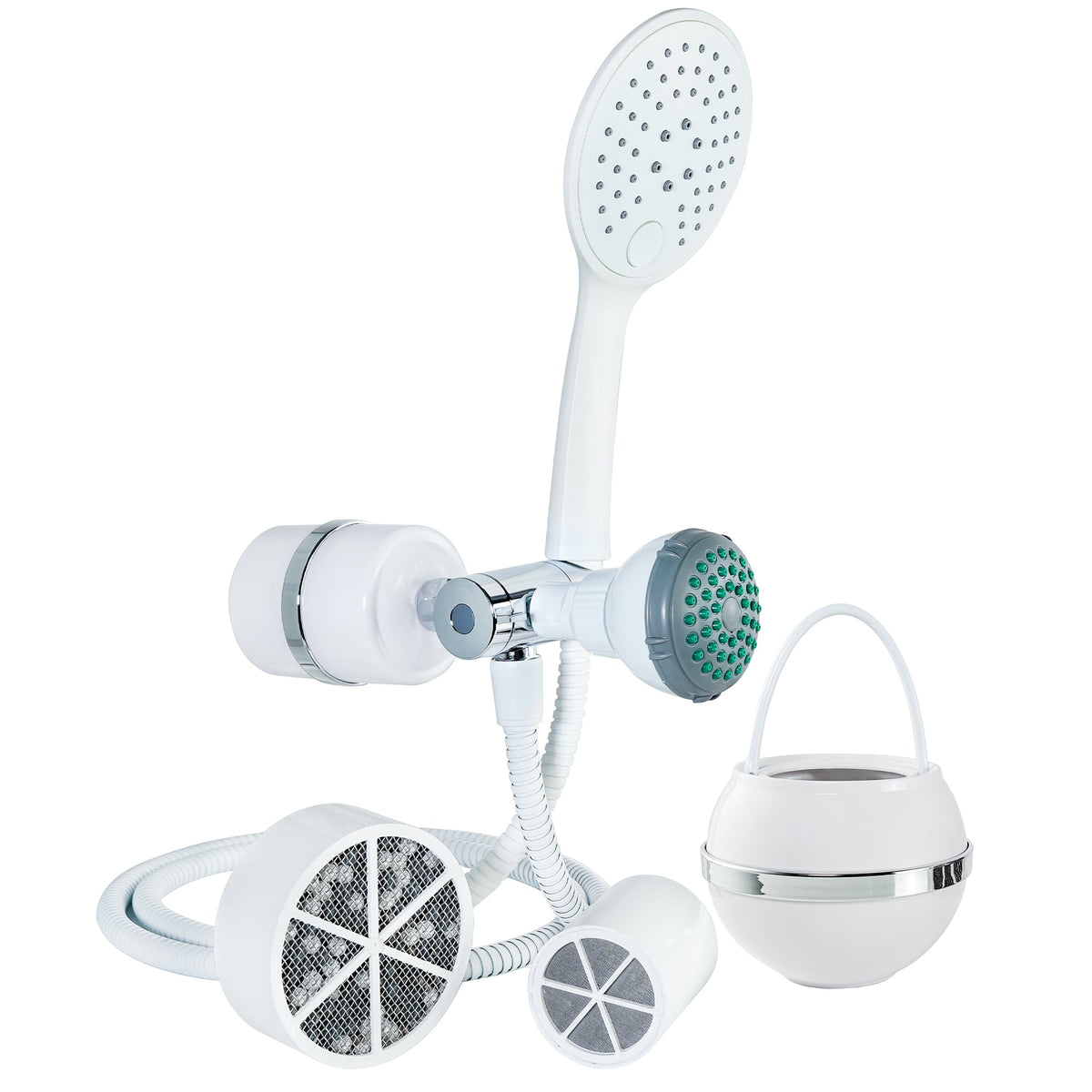 Crystal Quest 2-in-1 Combo Shower Filter and Bath Ball Bundle, Handheld and Shower Head, White, Black or Chrome