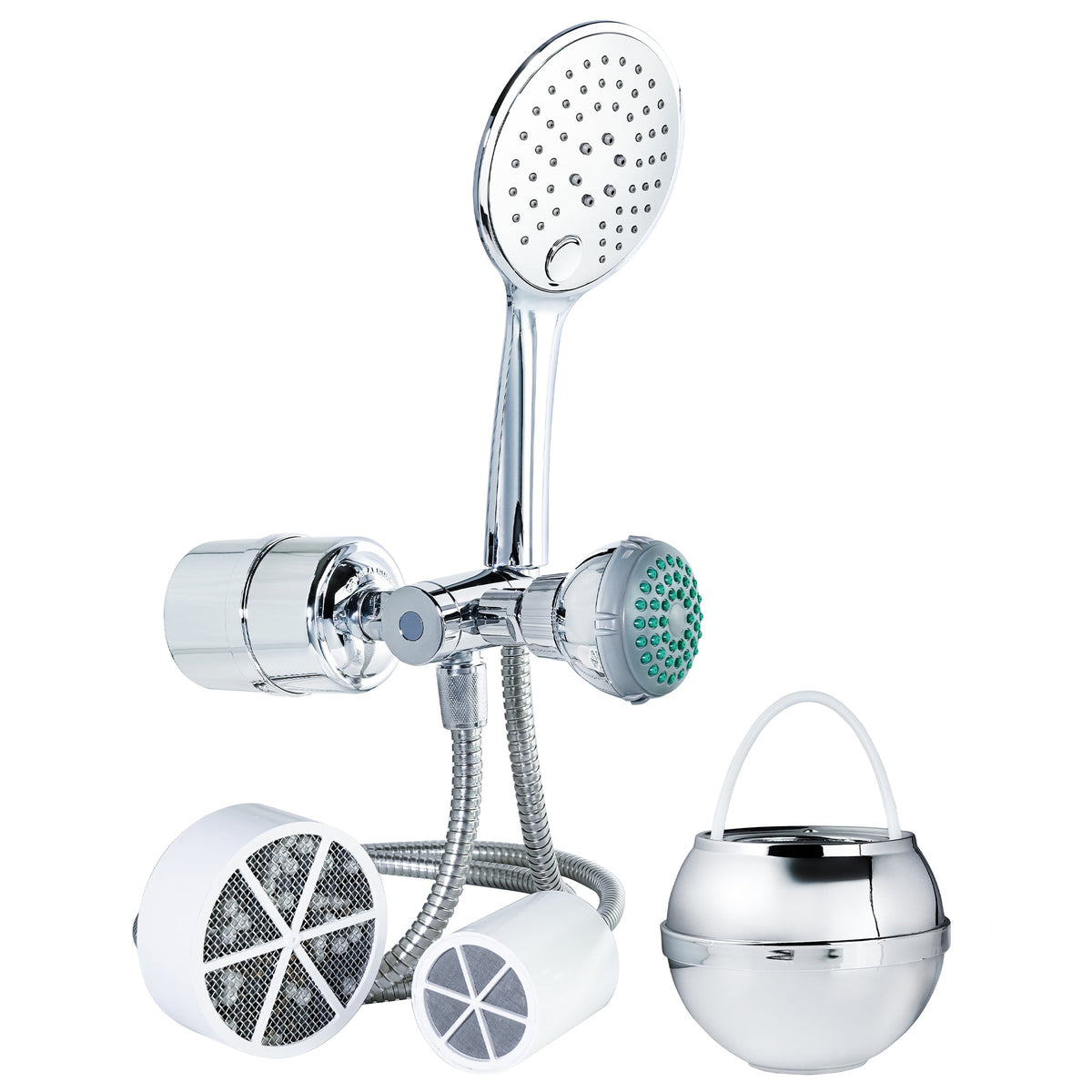 Crystal Quest 2-in-1 Combo Shower Filter and Bath Ball Bundle, Handheld and Shower Head, White, Black or Chrome