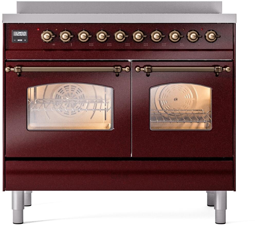 ILVE Nostalgie II 40-Inch Freestanding Electric Induction Range, Burgundy with Burnished Bronze Trim (UPDI406NMPBUB)