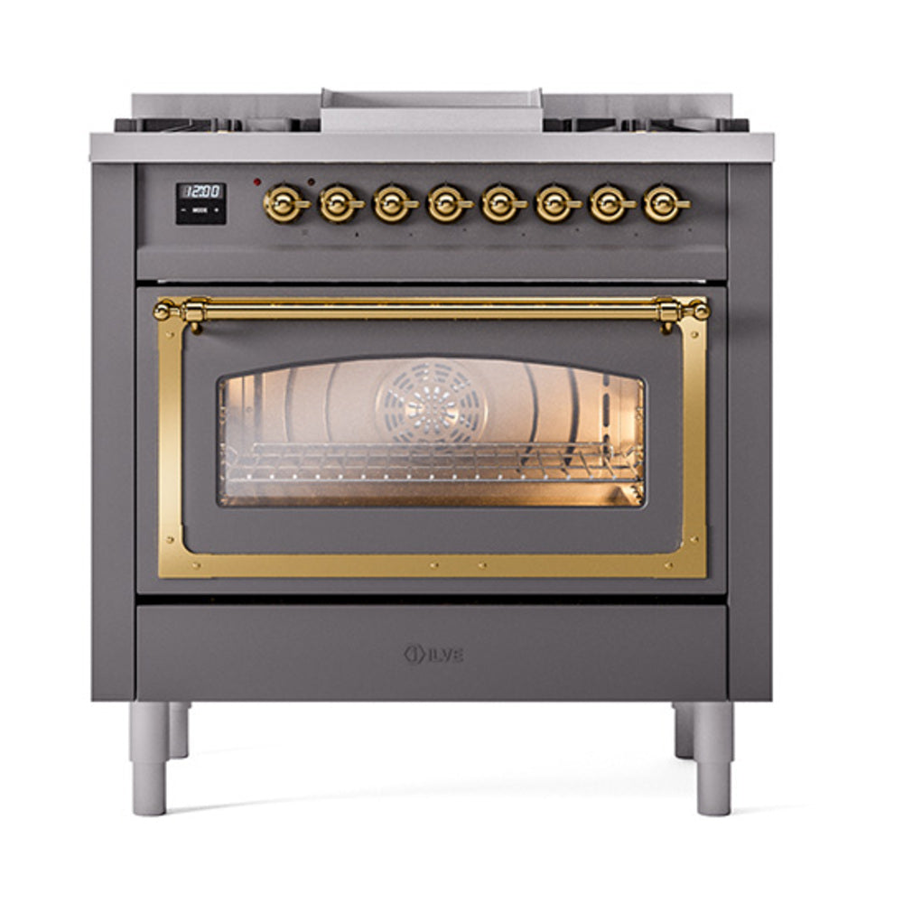 ILVE Nostalgie II Noblesse 36-Inch Propane Gas Dual Fuel Range and Triple Glass Door in Matte Graphite with Brass Trim (UN36FNMPMGGLP)
