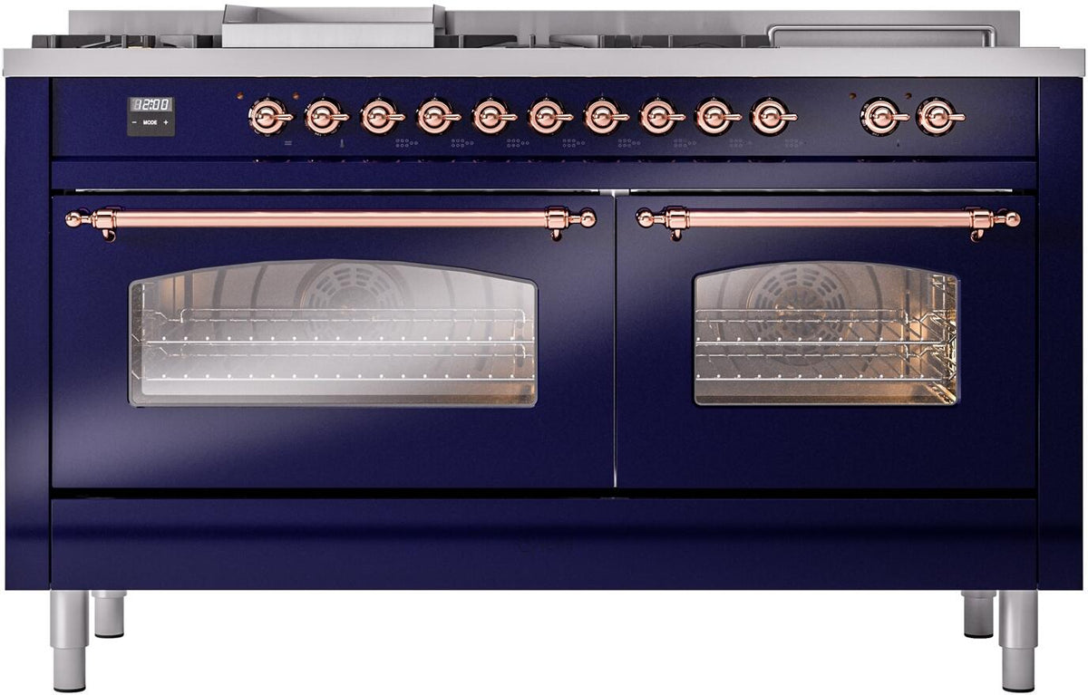 ILVE Nostalgie II 60-Inch Propane Dual Fuel Range, 7 Burners, Griddle, French Top, Triple Glass Door, Midnight Blue with Copper Trim (UP60FSNMPMBPLP)