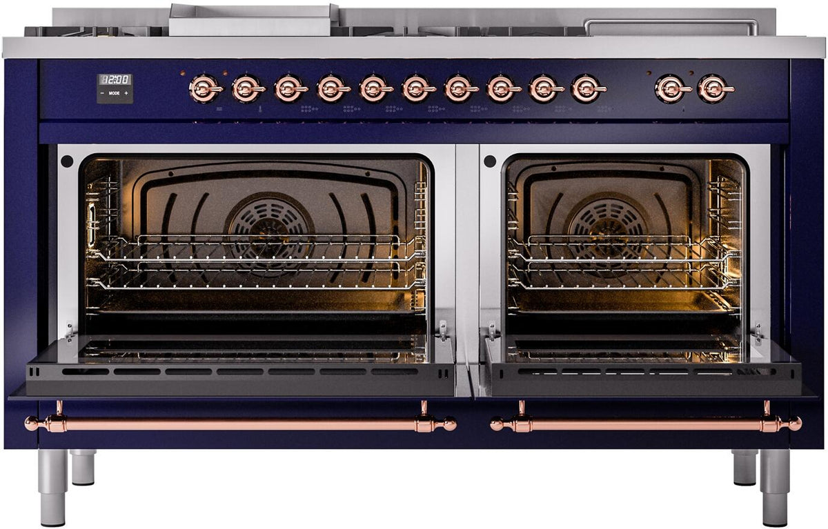 ILVE Nostalgie II 60-Inch NG Dual Fuel Range, 7 Burners, Griddle, French Top, Triple Glass Door, Midnight Blue with Copper Trim (UP60FSNMPMBP)