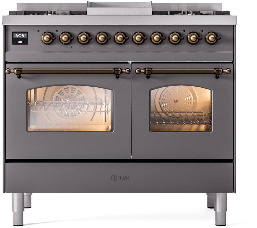 ILVE Nostalgie II 40-Inch Dual Fuel Freestanding Range in Matte Graphite with Burnished Bronze Trim (UPD40FNMPMGBLP)